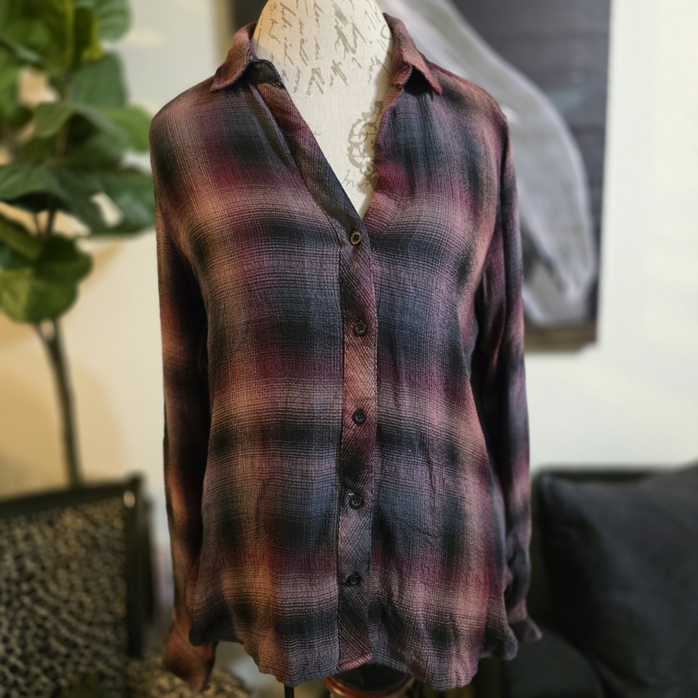 Cloth & Stone Plaid Shirt - Black Brown Maroon Soft Flannel Top